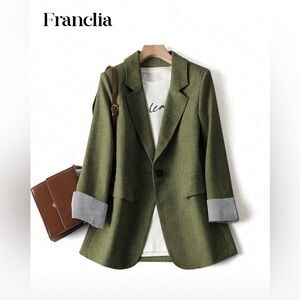 Olive Green Blazer with Striped Cuffs